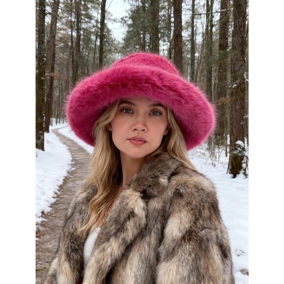 Women\'s Dark Pink Oversized Winter Long Pile Fur Wide Moldable Brim Warmer Cap main image 7